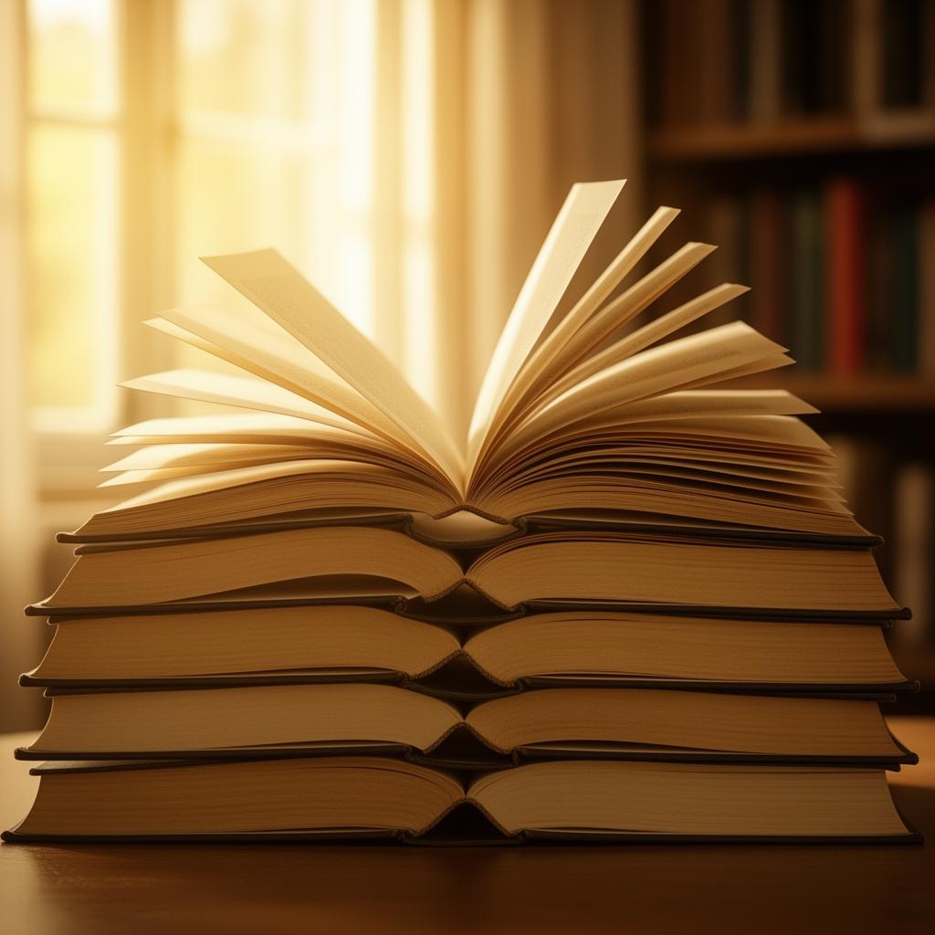 A stack of open books resting in warm window light