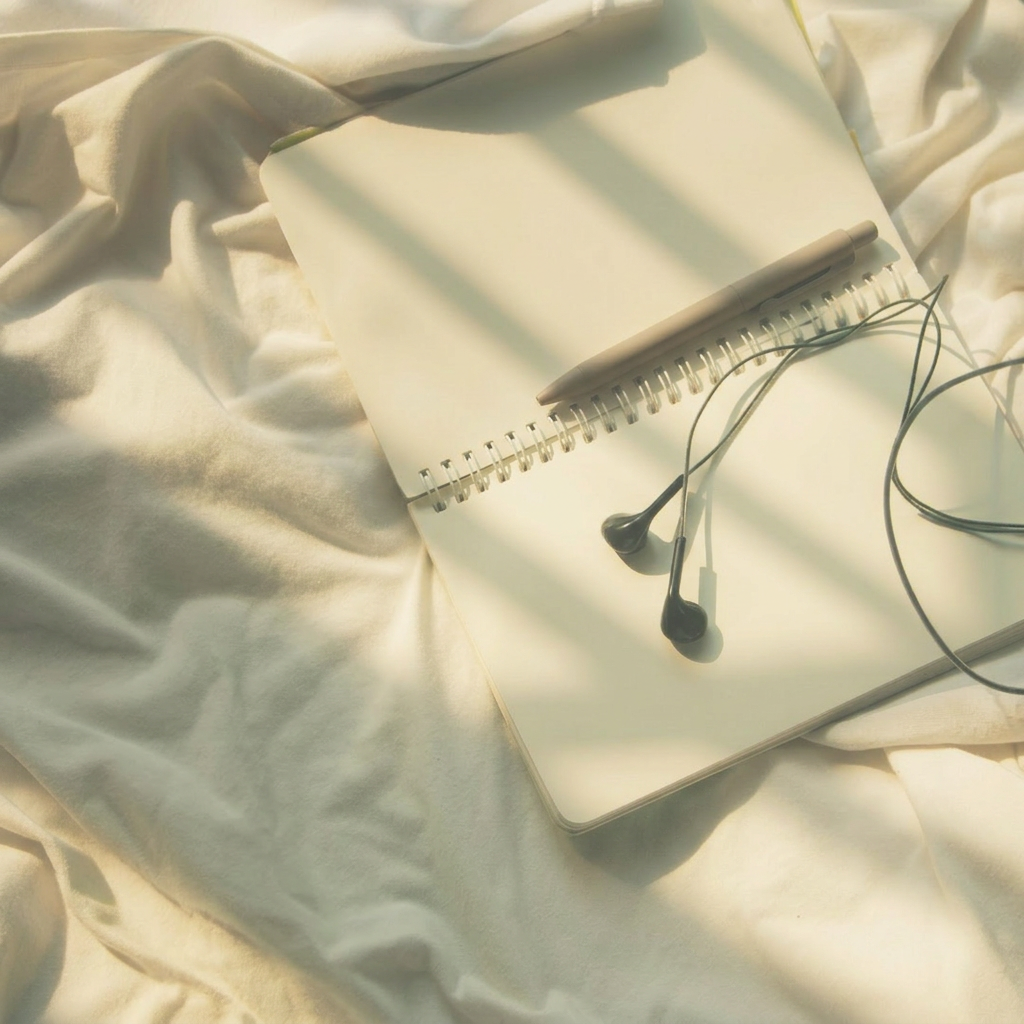 A person listening quietly to an audio practice in soft morning light