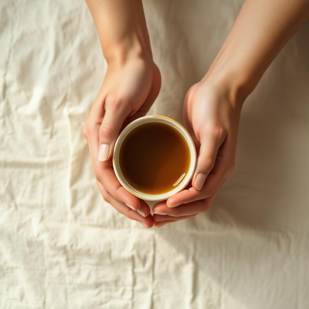 Two hands cradling a warm cup of tea on a linen cloth