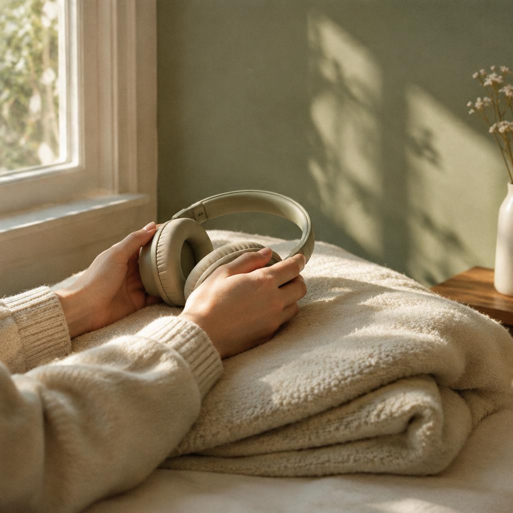 Hands resting on headphones and a folded cream blanket in quiet daylight