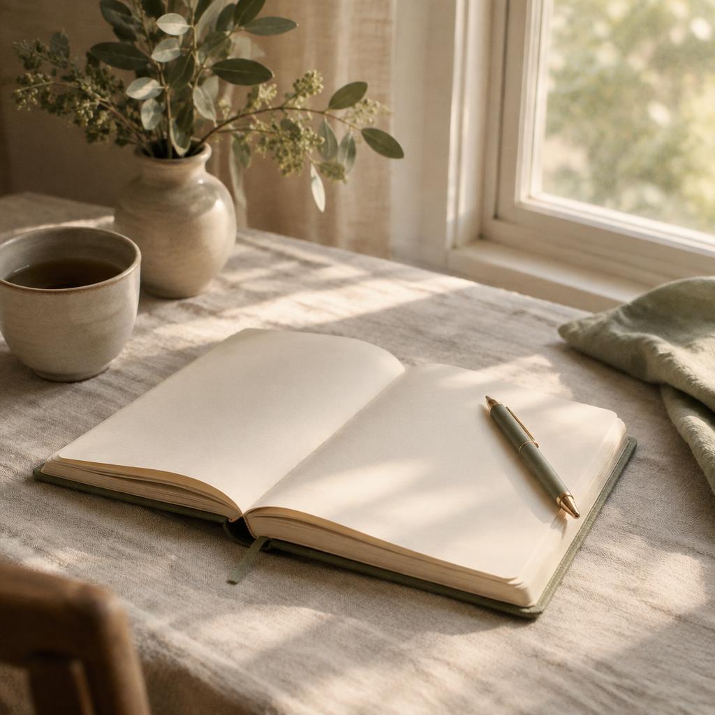 An open journal and pen on a linen table beside a sunlit window